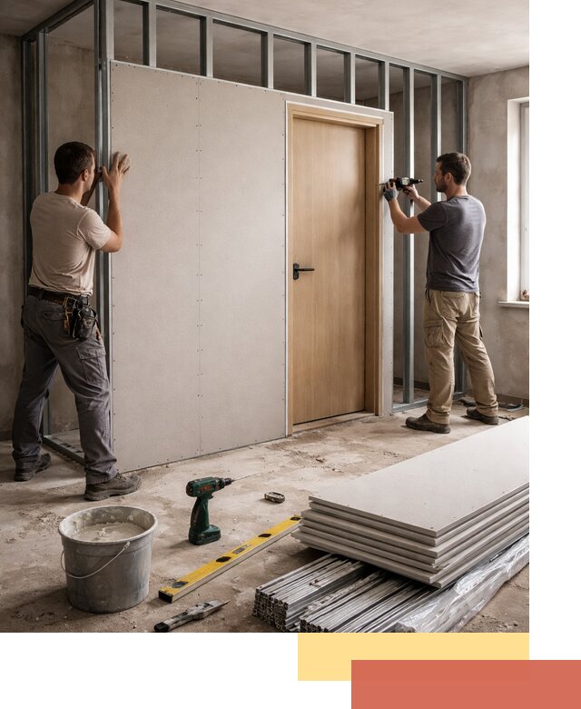 Перегородка из гипсокартона с дверью под ключ в Тынде