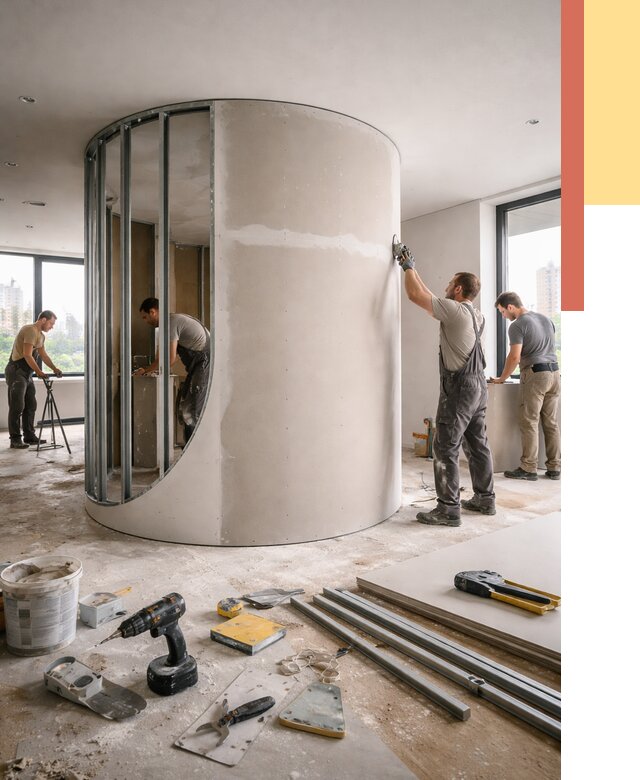 Радиусная перегородка из гипсокартона в Тынде от 2980 руб. под ключ | ОТДЕЛОЧНИК-Тнд