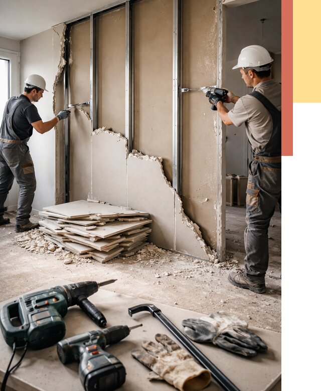 Демонтаж перегородки из гипсокартона в Тынде от 1233 руб. быстро и недорого | ОТДЕЛОЧНИК-Тнд