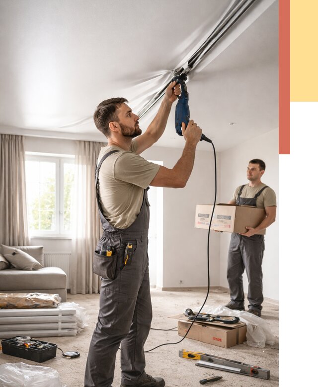 Монтаж сатинового натяжного потолка в Тынде от 3597 руб. | Быстро, недорого — ОТДЕЛОЧНИК-Тнд