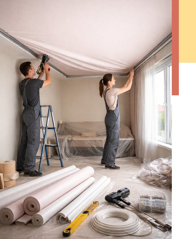 Монтаж цветного натяжного потолка в Тынде от 4316 руб/м² — быстро и недорого | ОТДЕЛОЧНИК-Тнд