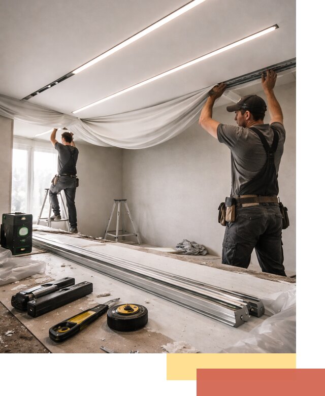 Монтаж натяжных потолков со световыми линиями в Тынде