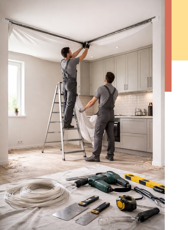 Установка натяжного потолка на кухне в Тынде от 2466 руб. | ОТДЕЛОЧНИК-Тнд