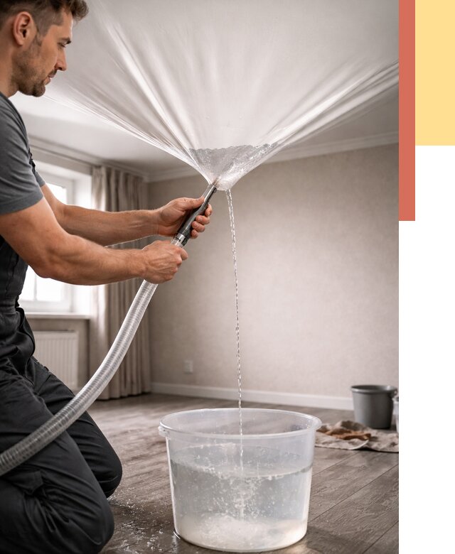 Слив воды с натяжного потолка в Тынде от 2569 руб. быстро и недорого | ОТДЕЛОЧНИК-Тнд