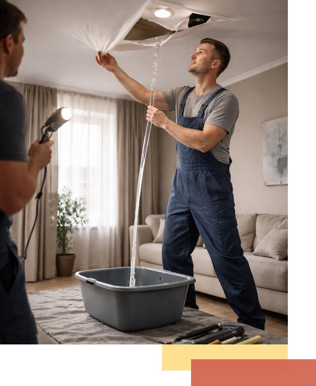 Слив воды с натяжного потолка в Тынде быстро и аккуратно