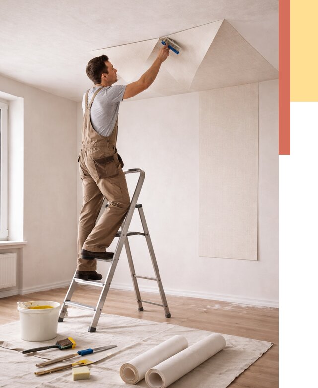 Поклейка обоев на потолок в Тынде от 4625 руб. быстро и недорого | ОТДЕЛОЧНИК-Тнд